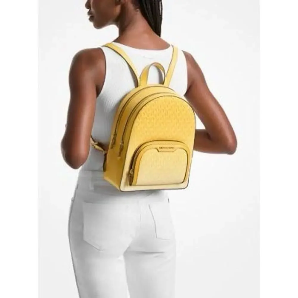 Michael Kors Jaycee Women Medium Signature Logo Zip Pocket Backpack Daisy Yellow